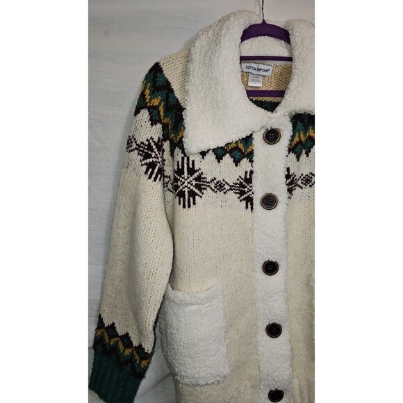 Cotton Emporium Cream Fair Isle Sherpa Collar Button Knit Cardigan Sweater XL - Picture 2 of 7